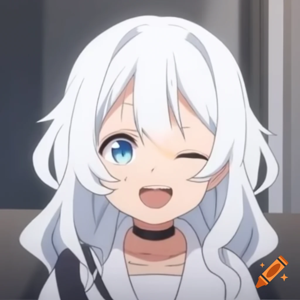 Happy anime girl with long white hair and light blue eyes