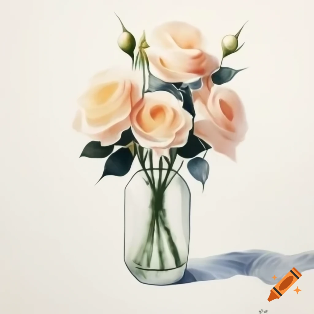 Modern watercolor painting of clear vase with neutral-colored roses