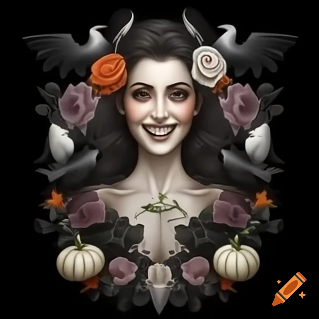 Realistic portrait of a witch with dark roses and bats on black background, illustration by Ernst Haeckel