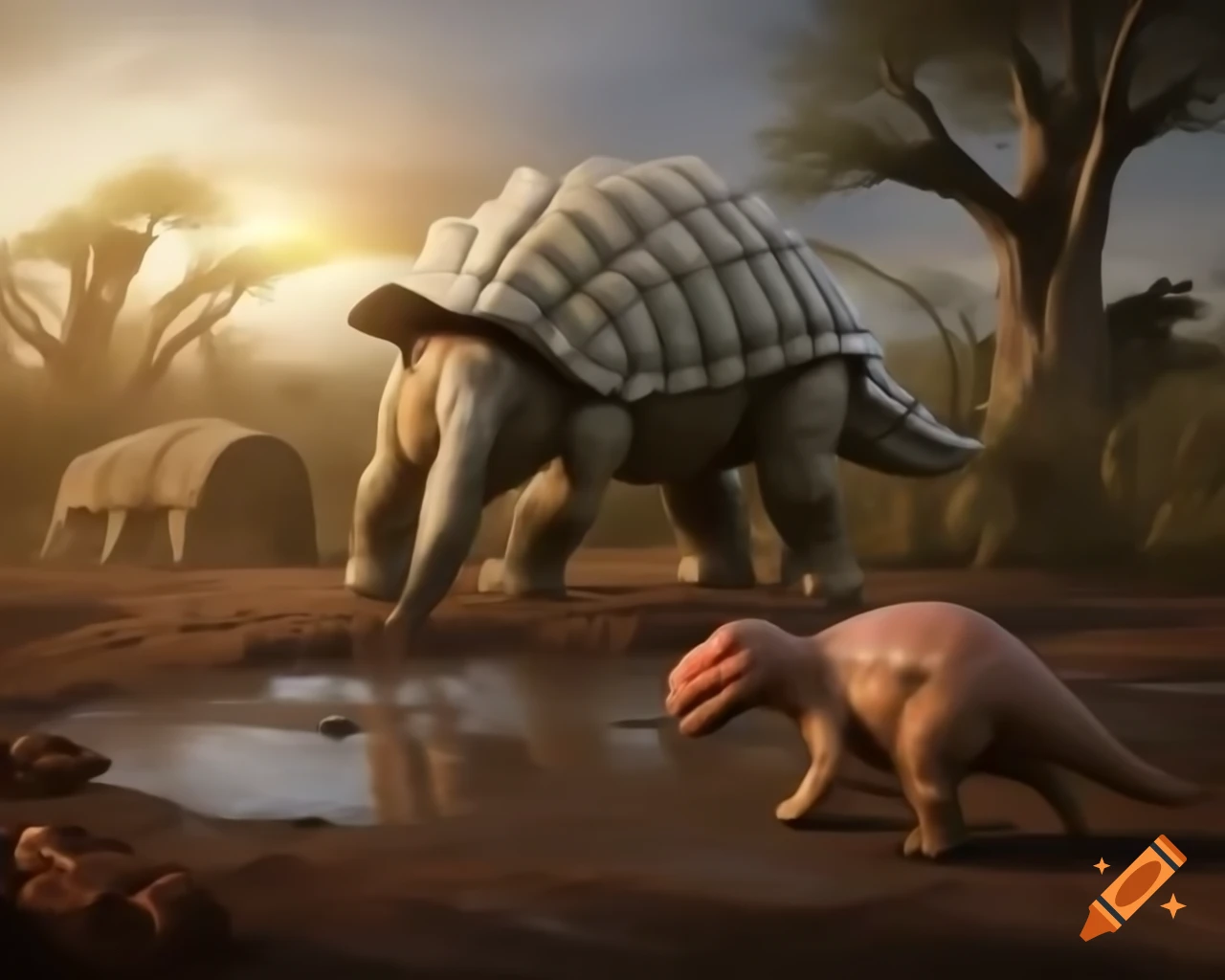 Cinnamon and grey ankylosaurus drinking from puddle beside sandgrouses in prehistoric bushland
