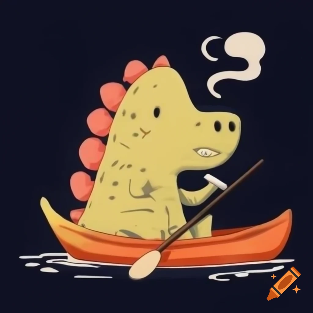 Vintage textbook illustration of a hippy dinosaur in a kayak