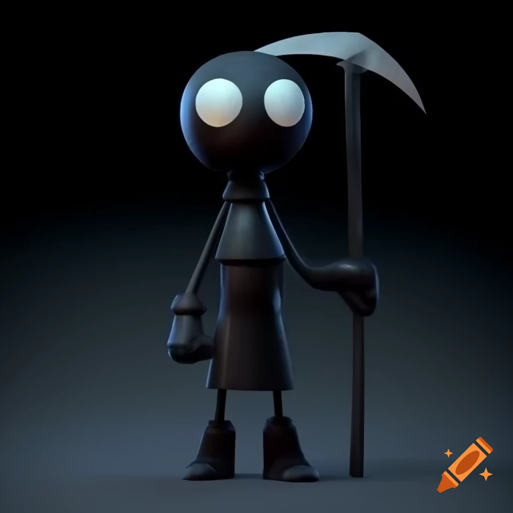 3D cartoon-style female warrior with scythe, black ink figure, evil grin
