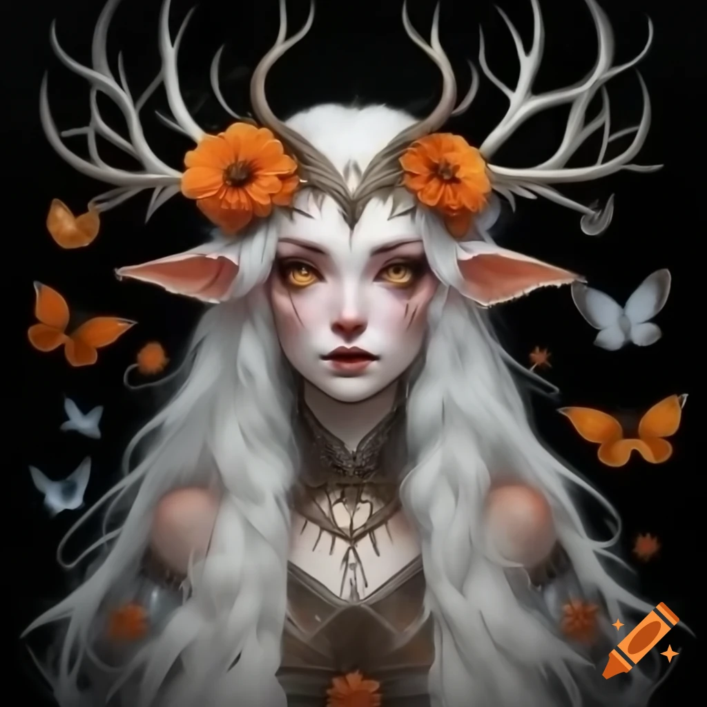 Portrait of a mystical witch with antlers surrounded by flowers and pumpkins, illustration by Ernst