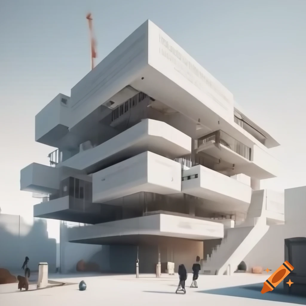 Photorealistic technical drawing of futuristic university residence with people and instruments