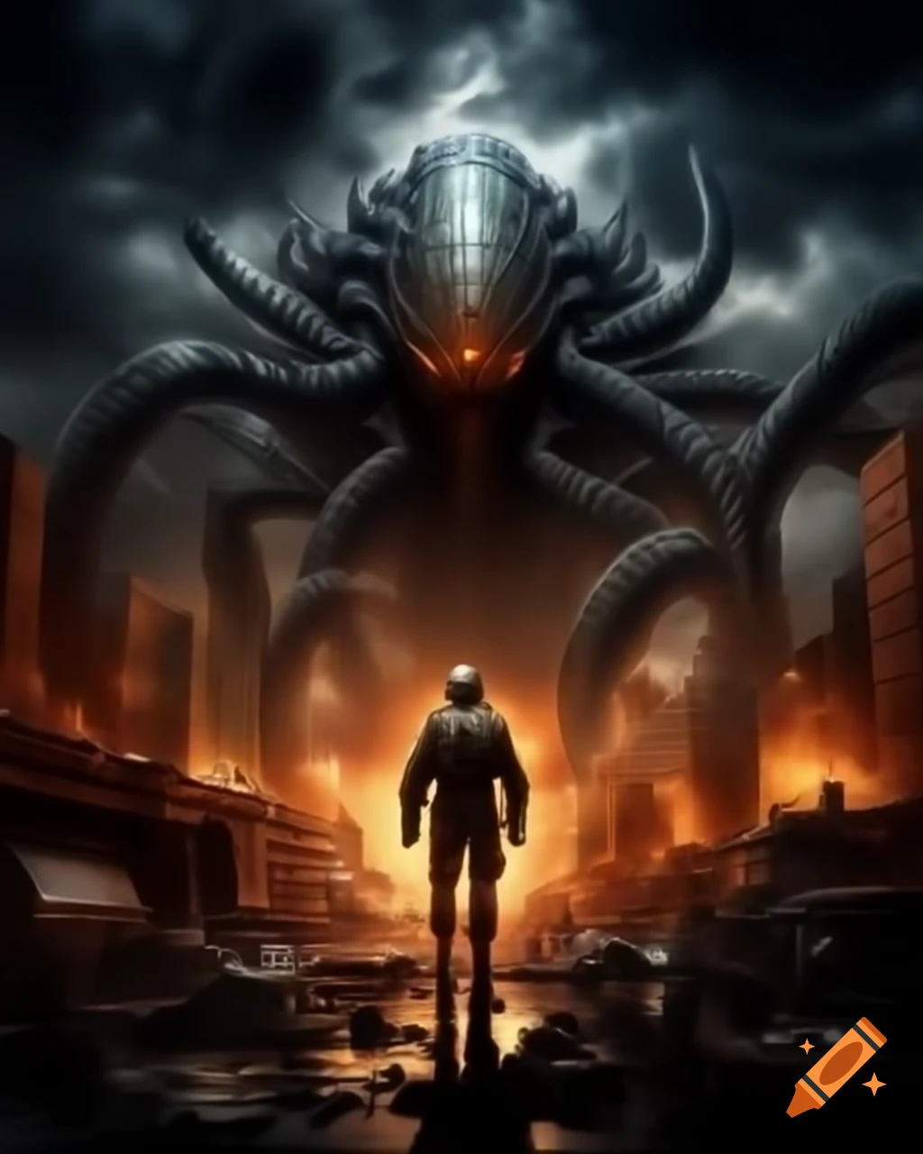 Cityscape under attack by giant alien leviathan with military forces responding