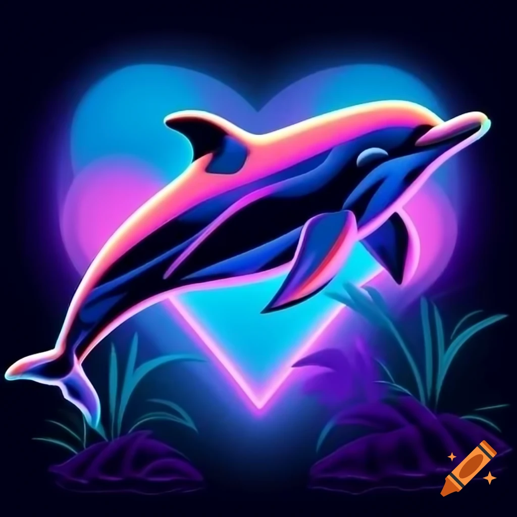 Hyper realistic chrome dolphin in neon ambient lighting with surreal holographic effect
