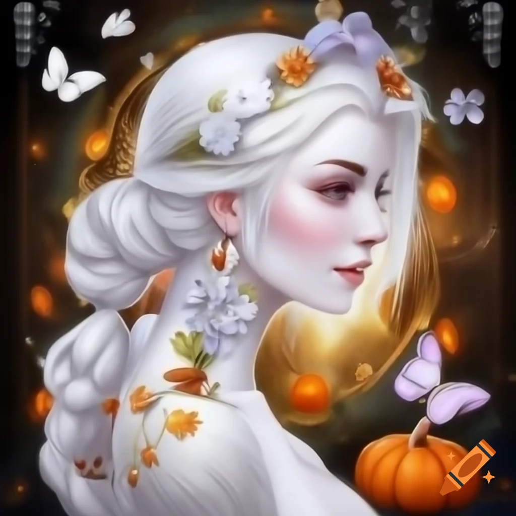 Mystical gypsy portrait with crystal ball and magical light background, featuring flowers and butterflies