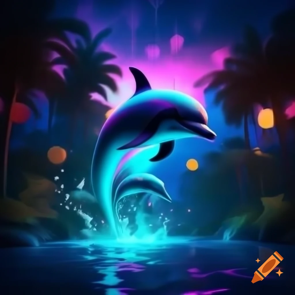 Hyper realistic dolphin in neon lighting with tropical elements and heart shaped bokeh
