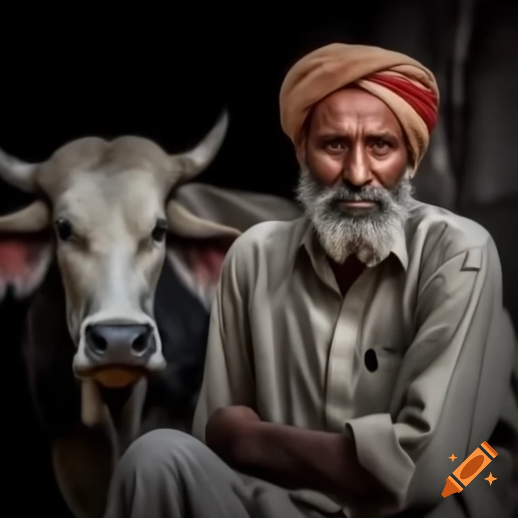 Weary farmer beside tired ox, conveying concern and struggle