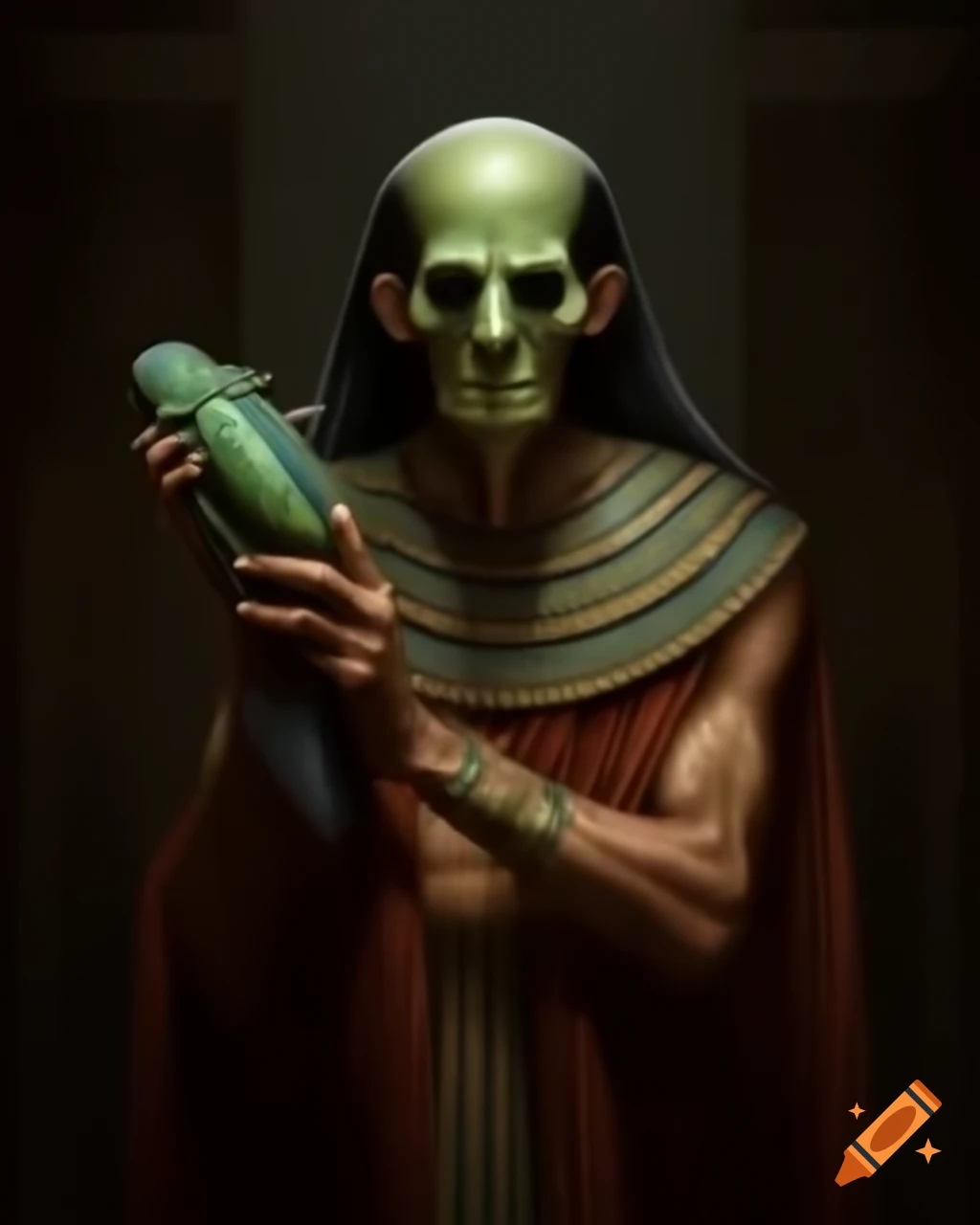Ancient Egyptian priest holding slippery beetle in full length portrait