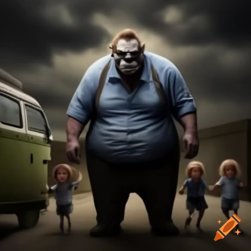 Angry man chasing children with a van in a horror-themed scene
