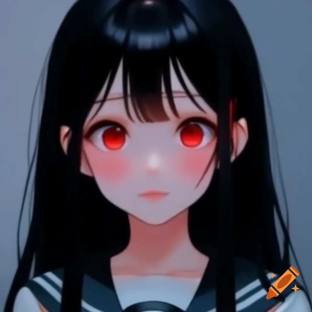 Anime girl with long black hair and red eyes