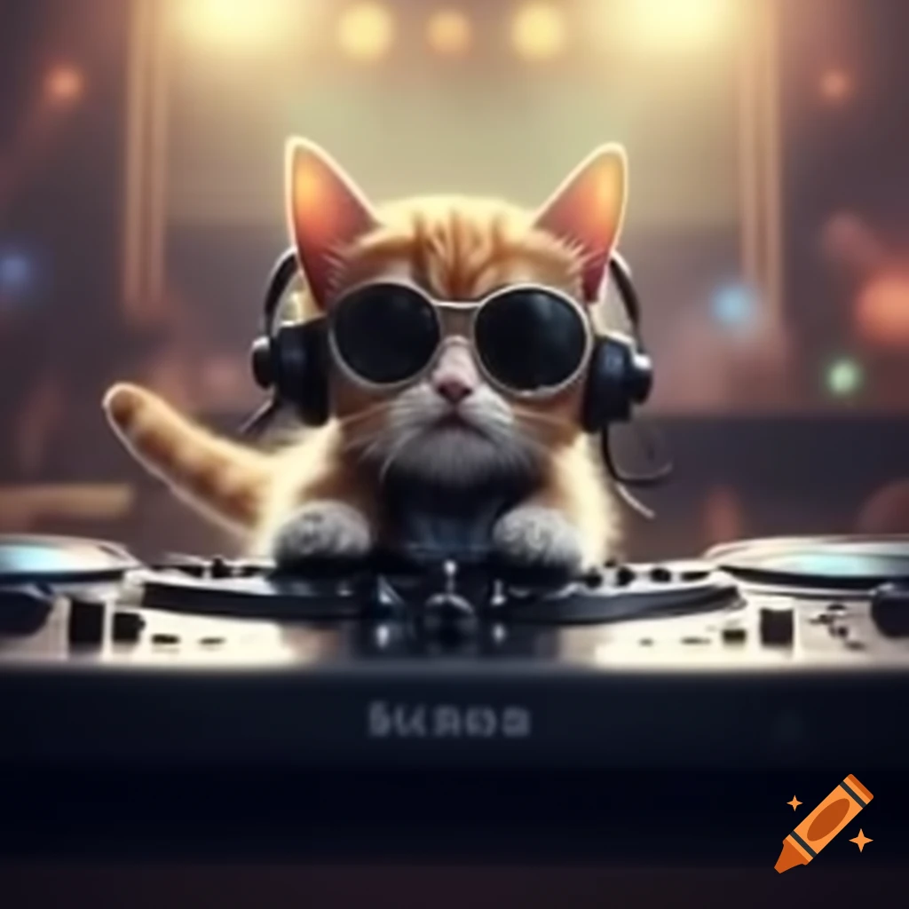 Cute kitten DJ wearing sunglasses and headset