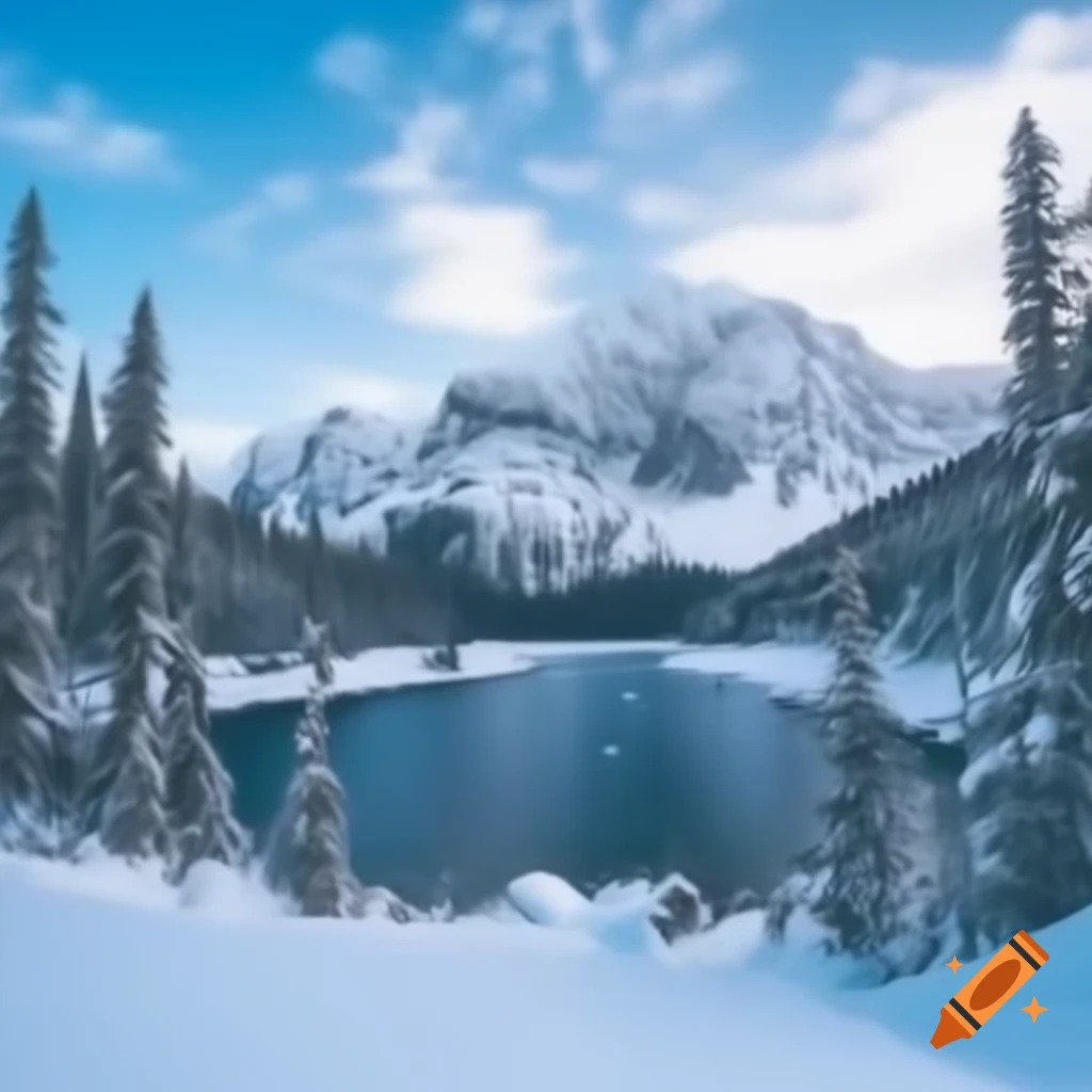 Snow-covered forest surrounding a mountain lake