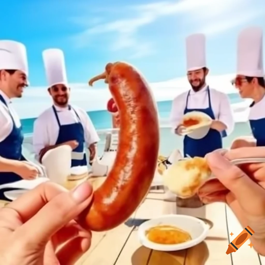 Chefs preparing and serving sausage at the beach