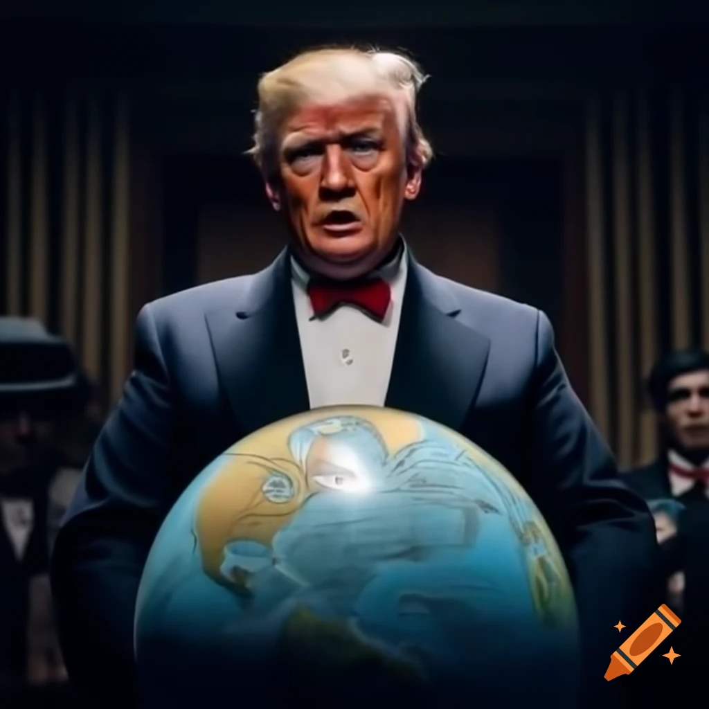 Whimsical portrayal of Donald Trump in iconic globe scene from The Great Dictator