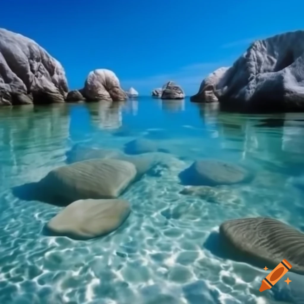 Beach with crystal clear water and beautiful rock reflections, hyper-realistic