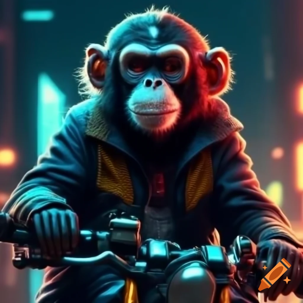 Cyberpunk monkey riding a motorcycle