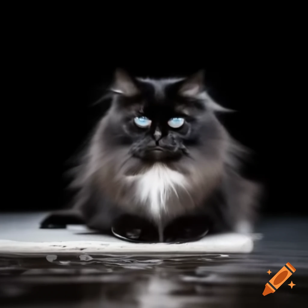 Long-haired black tuxedo cat with white markings on carpet