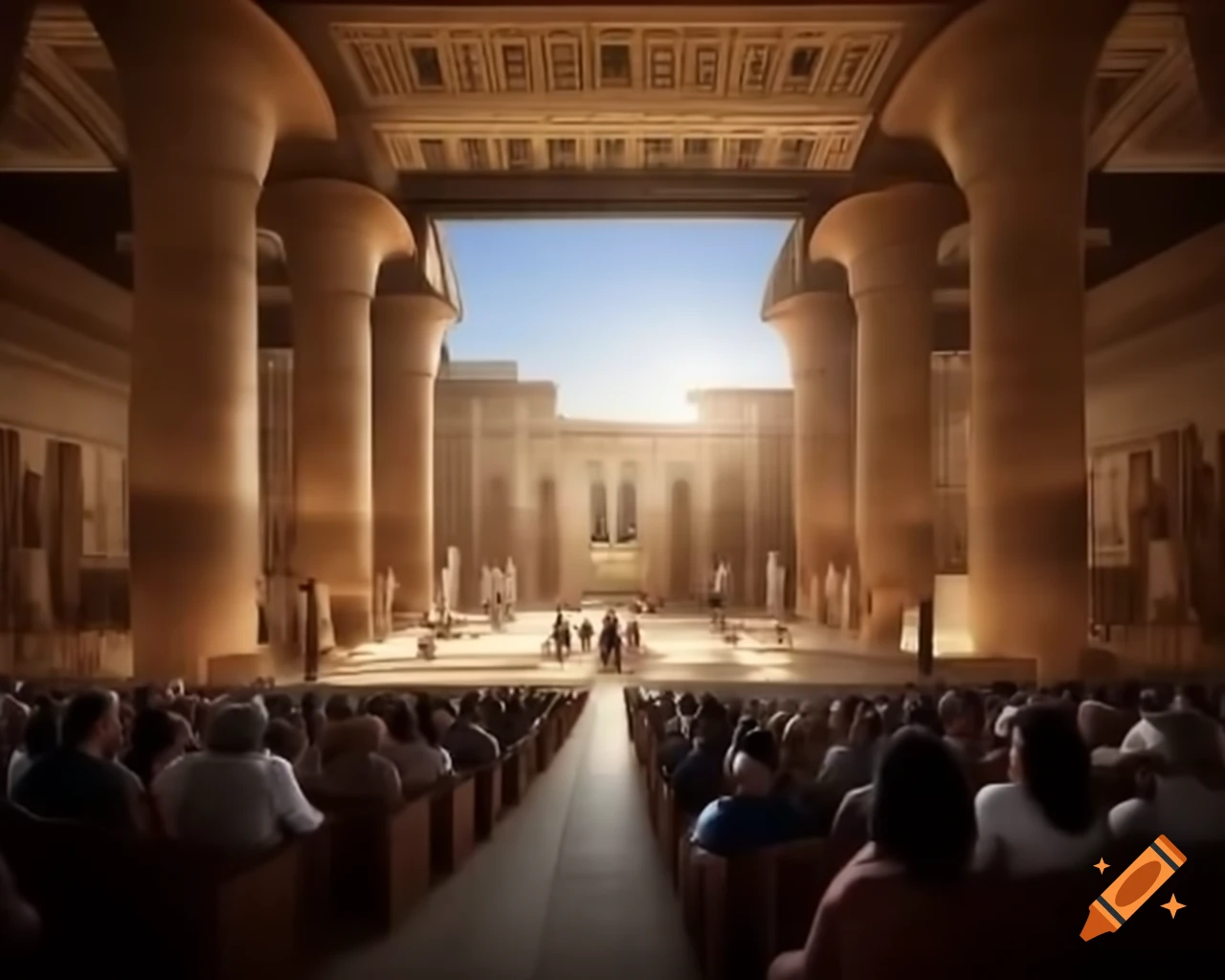 Ancient Egyptian interior where the wealthy observe events below