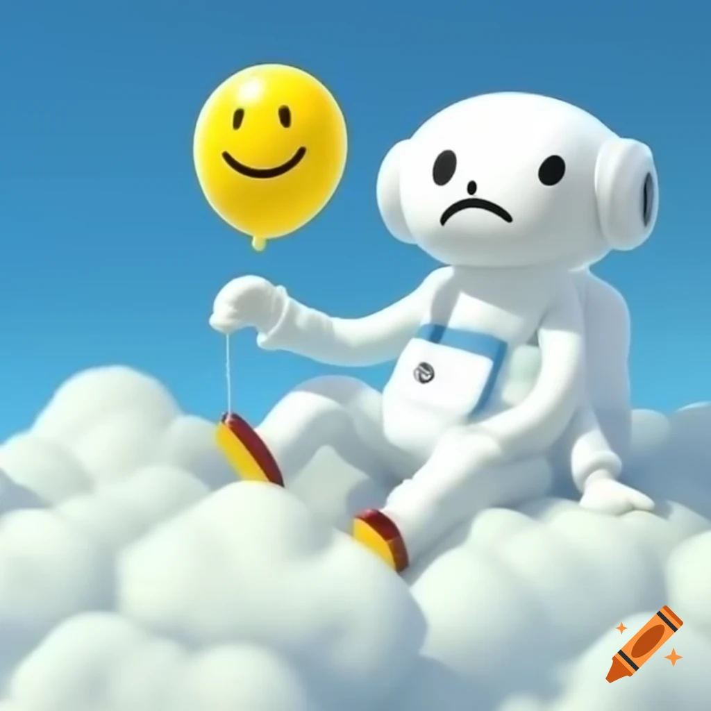 White rapper in hazmat suit sitting on clouds with yellow balloon
