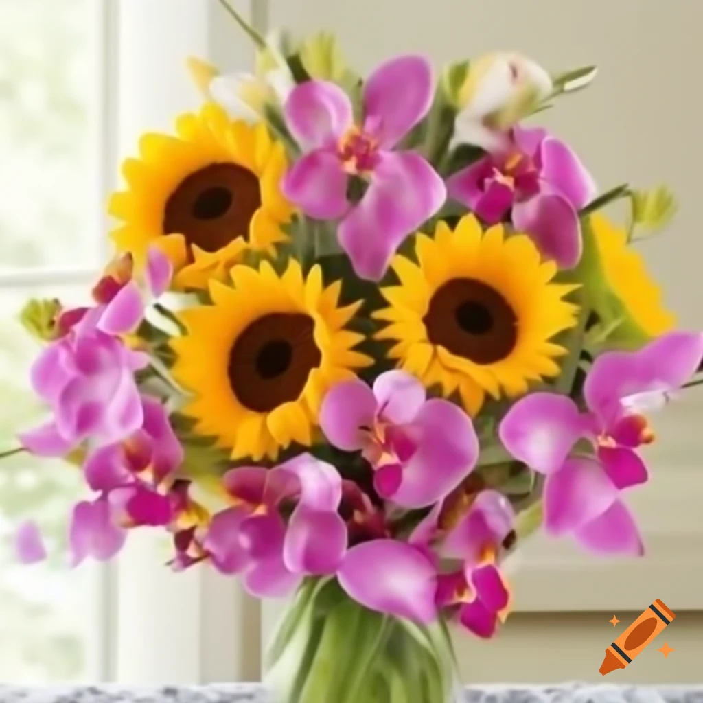 September birthday sunflowers and pink orchids arrangement