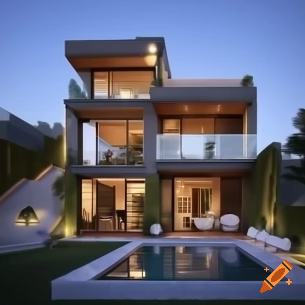 Modern 3-story villa design with high walls and ivy, featuring front garden and path