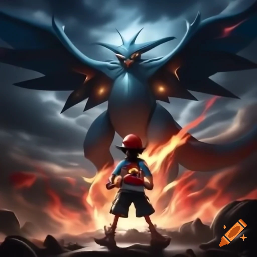 Intense battle scene with Ash Ketchum and Pikachu facing Ho-Oh under stormy sky