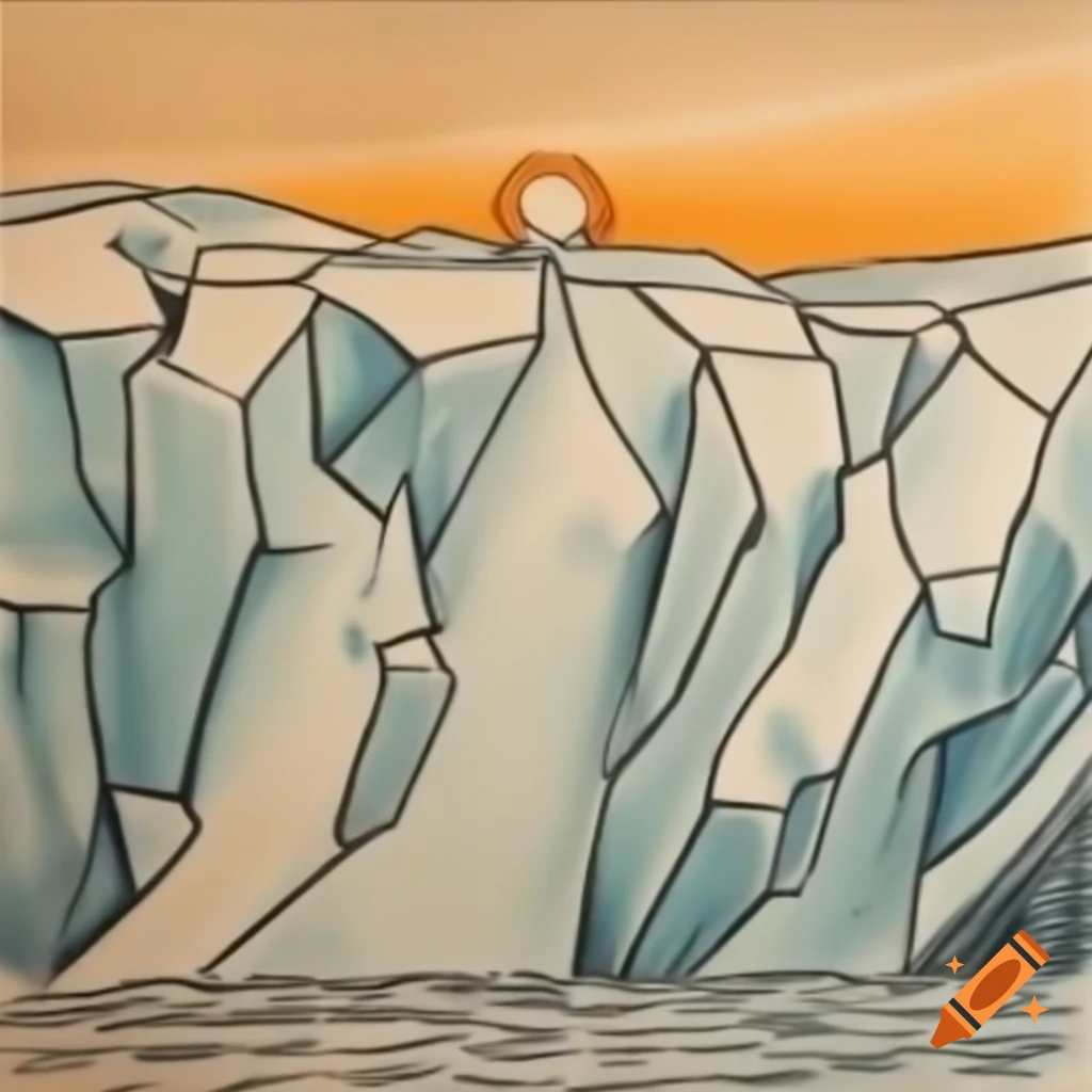 Cubist art by Duchamp depicting old southern glacier at sunset with floating flame