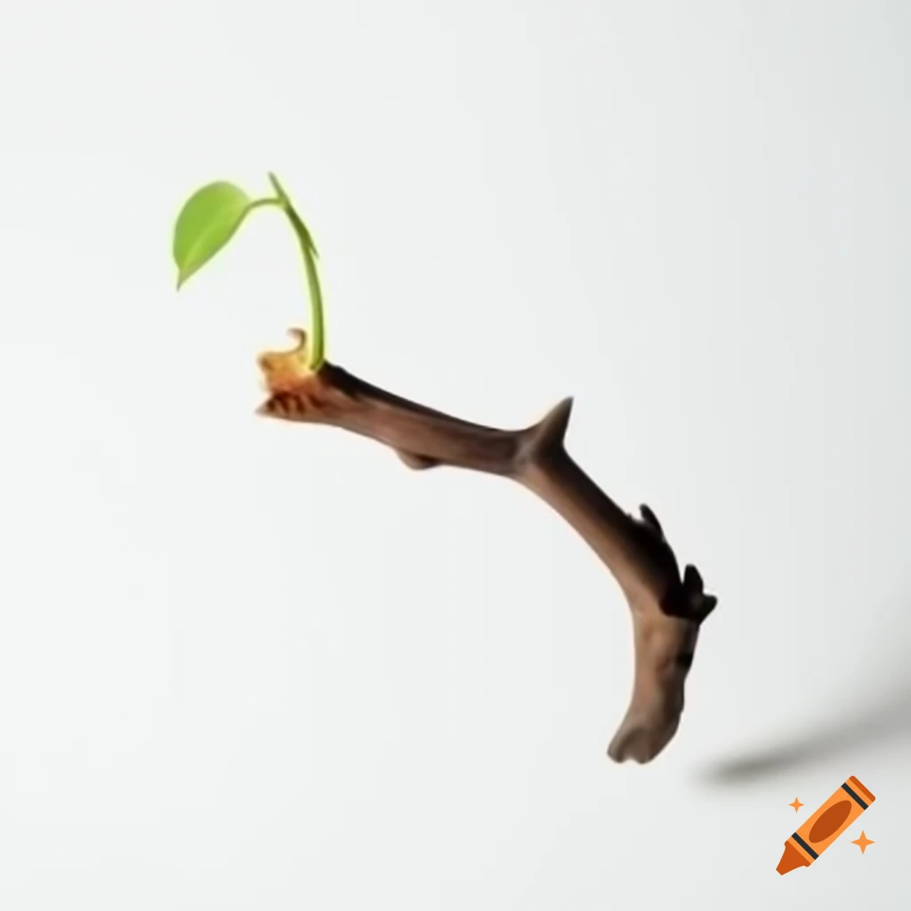 Dead branch with green sprout growing against white background