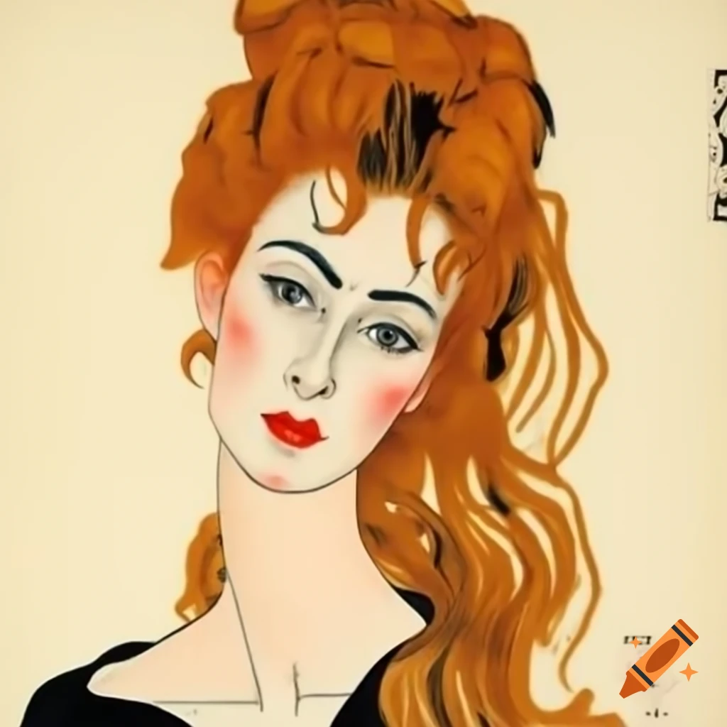 Egon Schiele artwork of a beautiful French woman with long wavy hair