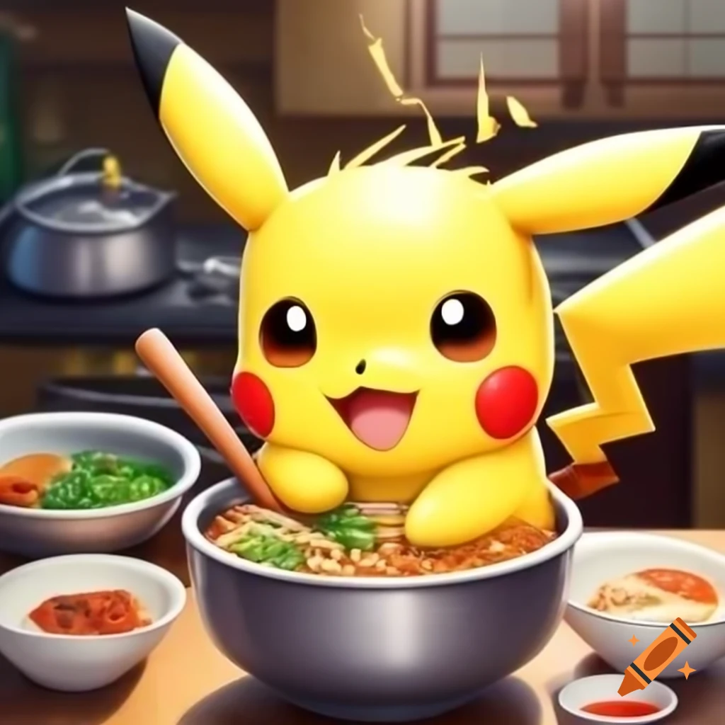 Pikachu cooking ramen in a cozy kitchen, stirring noodles with ladle