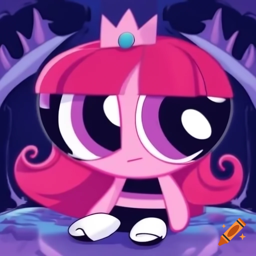 Cartoon scene with PowerPuff Queen Vampire Alien Adelline surrounded by Pinkie Pie, Funshine Bear, Tinky Winky, and Smurfs