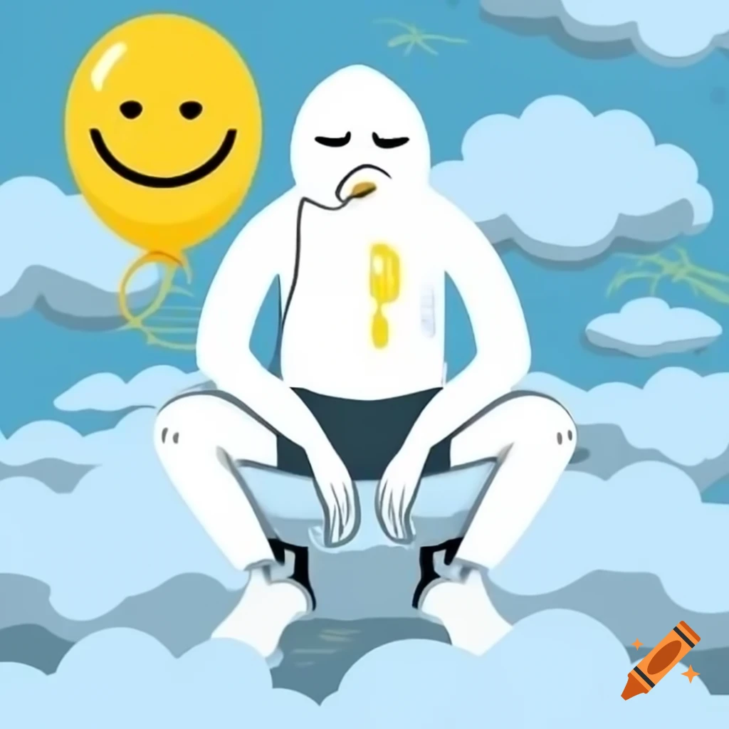 Sad white rapper in white bodysuit sitting on clouds, holding yellow balloon
