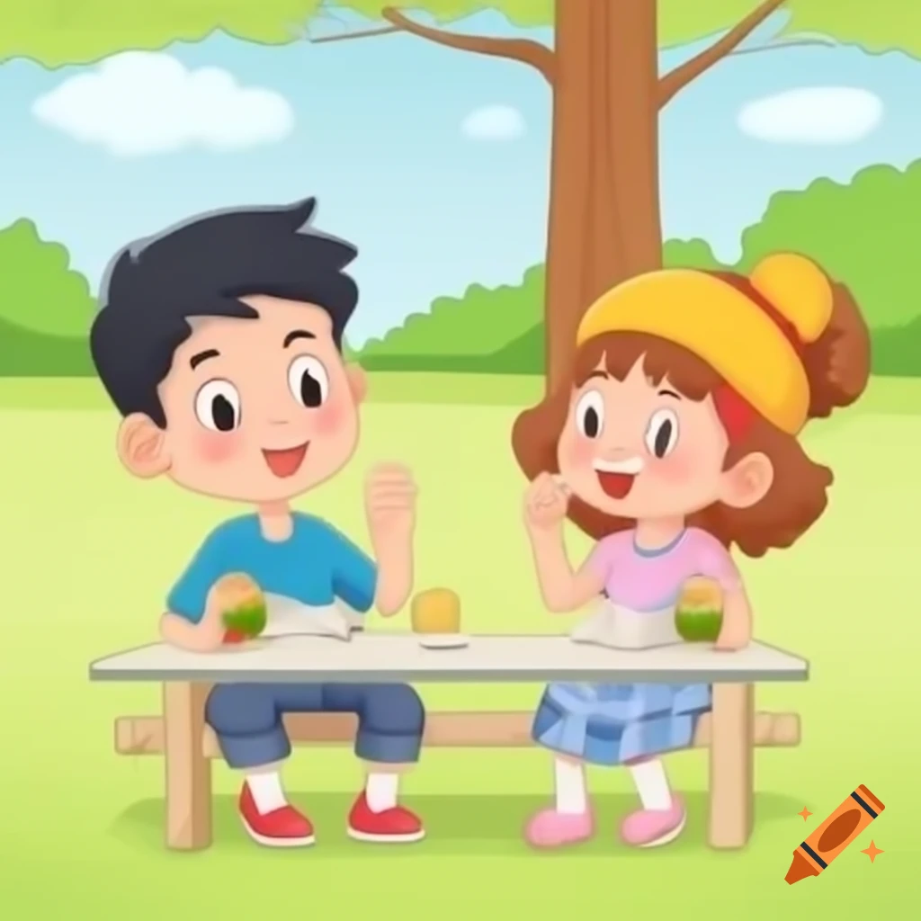 Boy and girl enjoying lunch together in a park