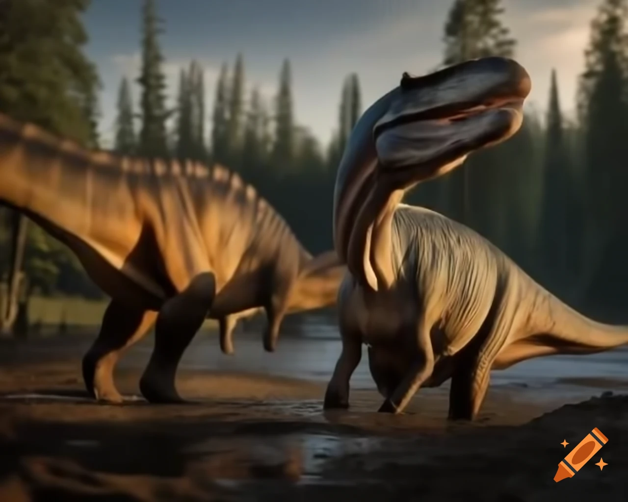 Trio of hadrosaurus along muddy lake bank in British Columbia morning light
