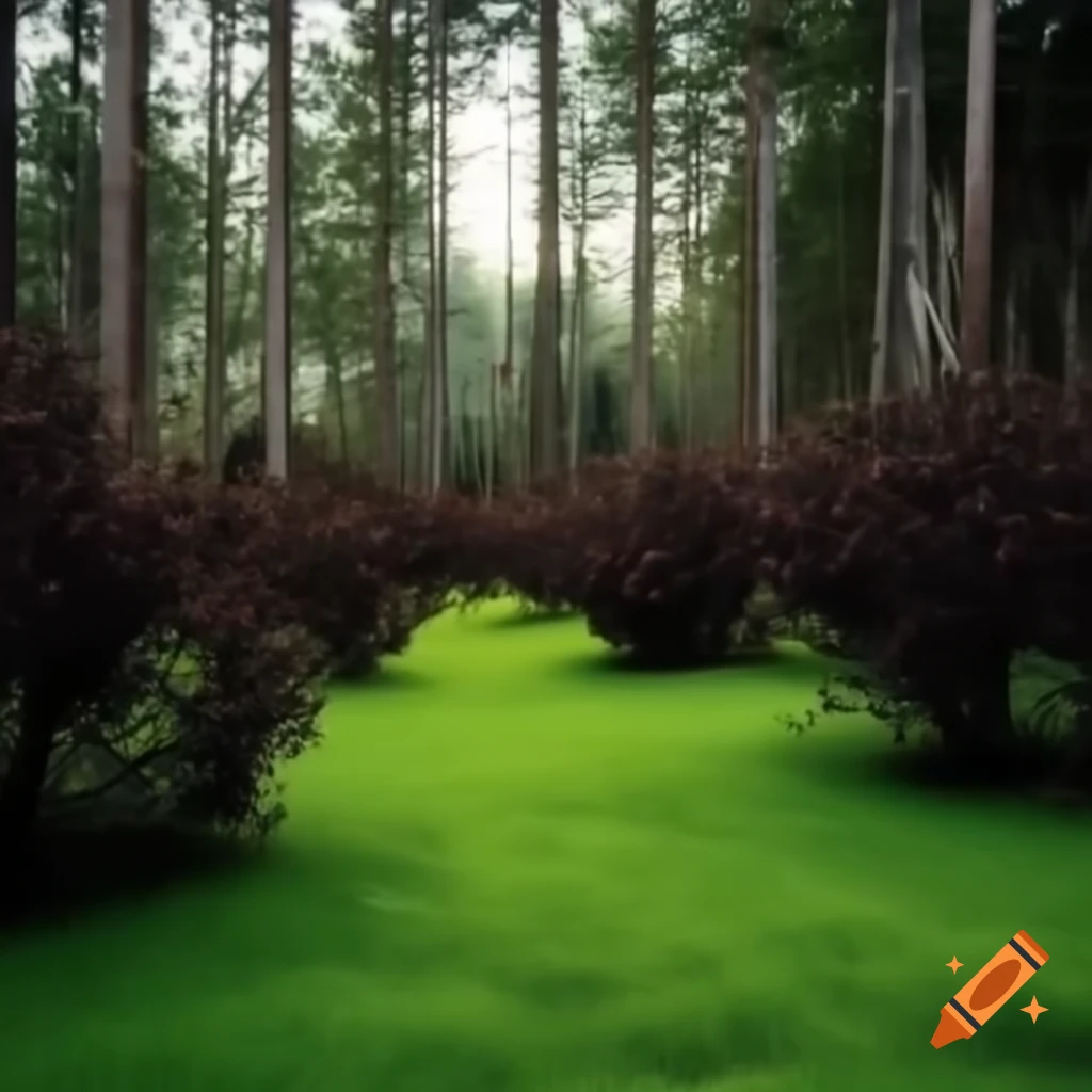 Small green meadow in overgrown forest with sunlit beech trees and berry bushes