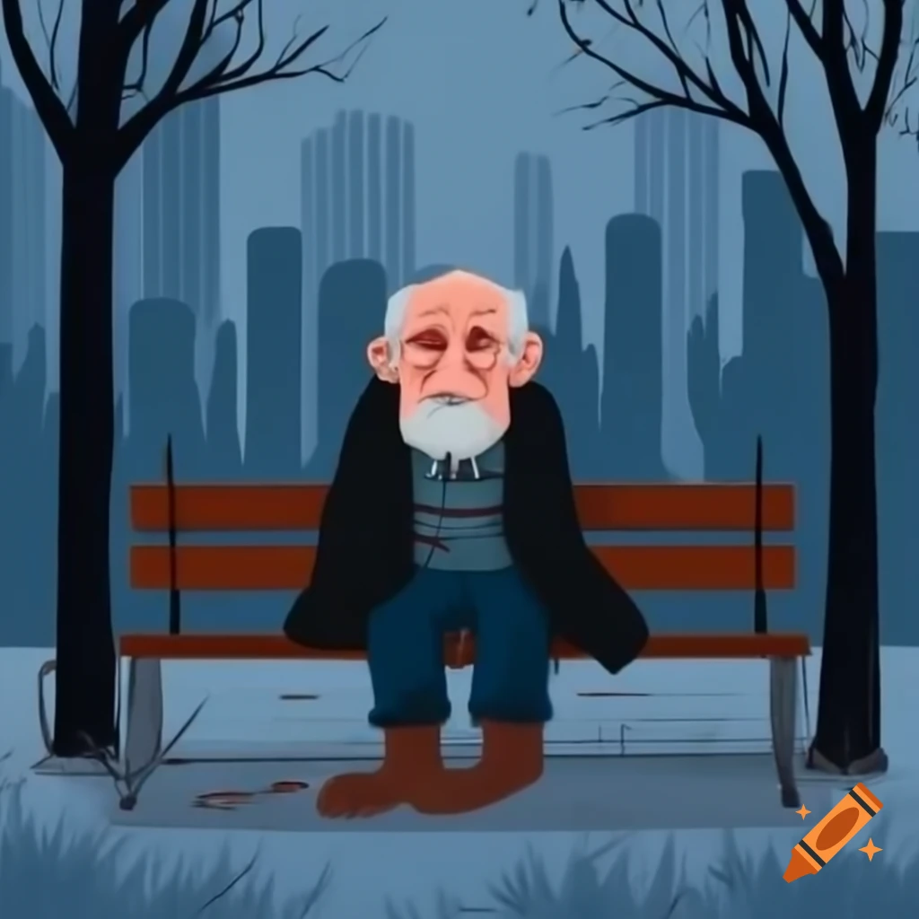 Sad old man in ragged clothes sitting on park bench in winter setting
