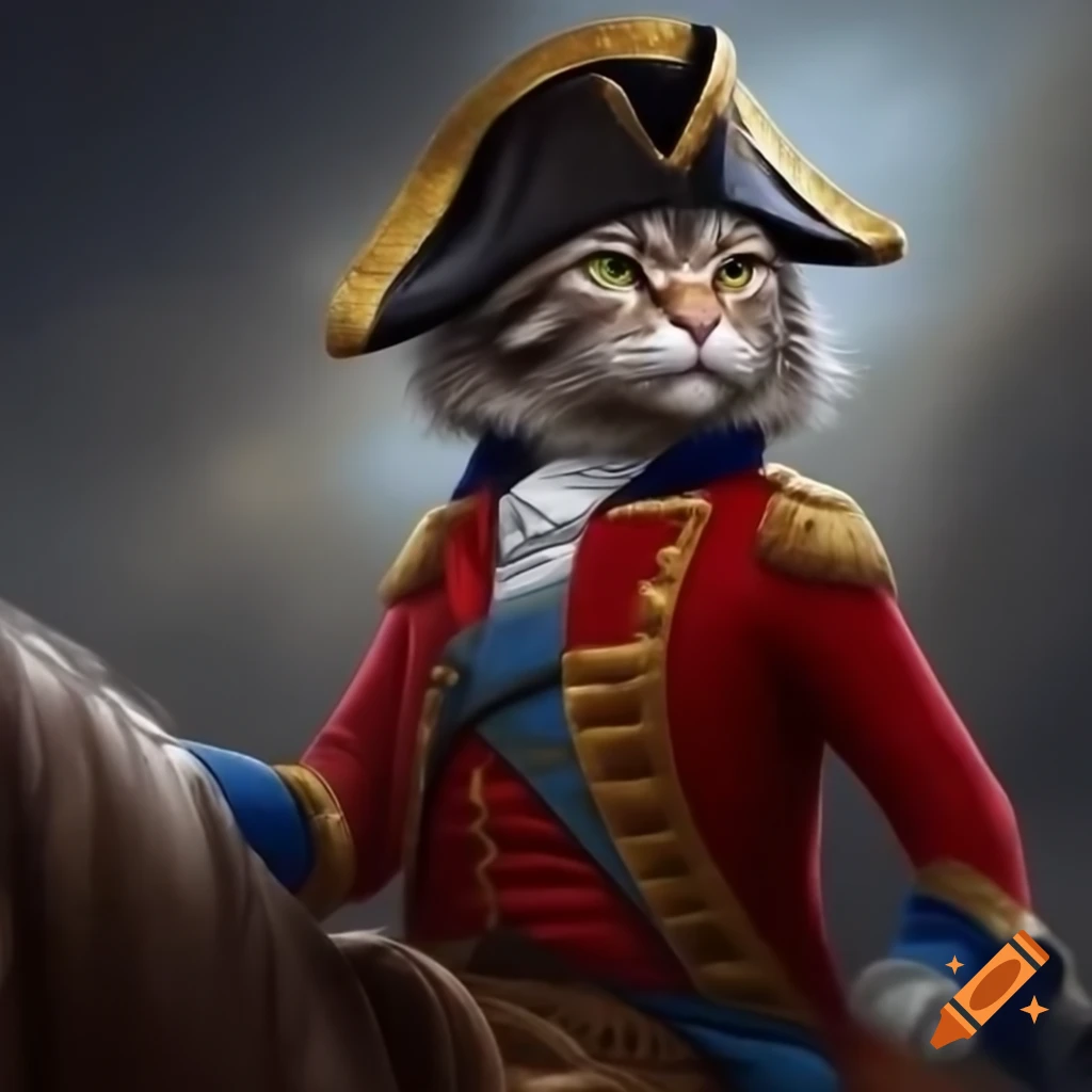 Cat in Napoleon costume riding a horse, inspired by classic painting
