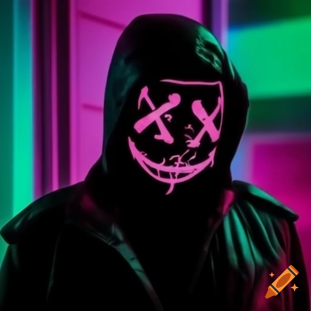 Man in jacket and face mask against pink, purple, and light green background