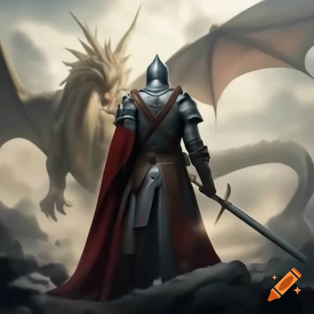 POV of crusader knight with flail facing dragon in the background
