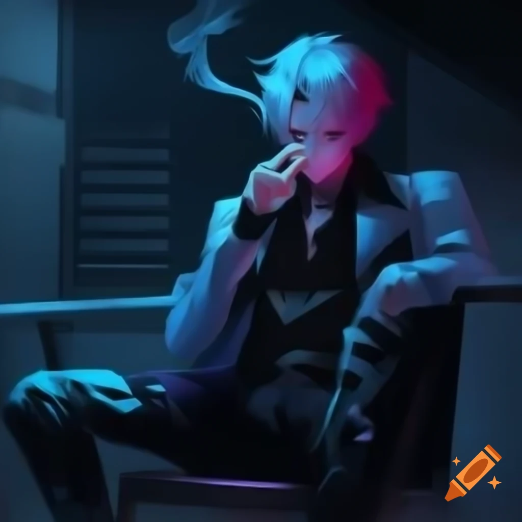 Anime-style wallpaper featuring edgy character exhaling smoke against wall