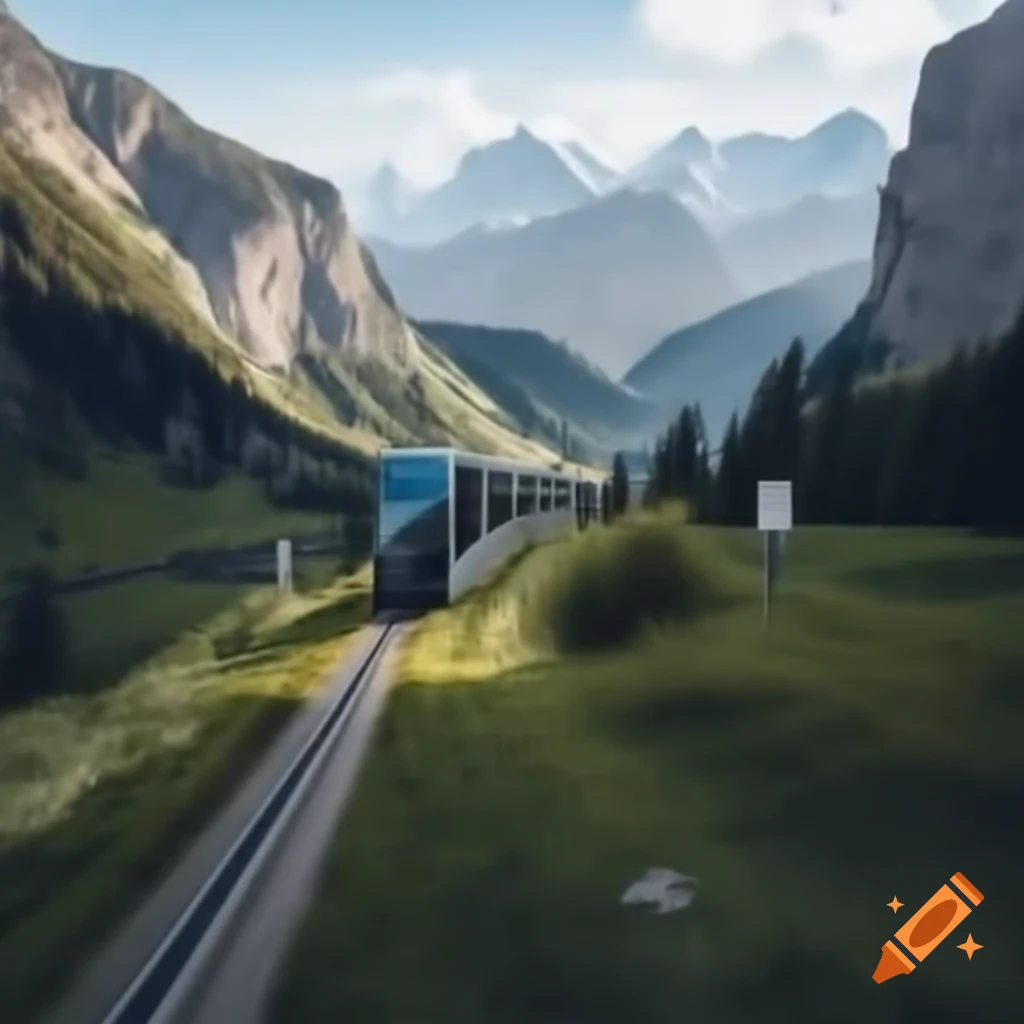 Future tram traveling on tracks with overhead lines in picturesque sunset landscape
