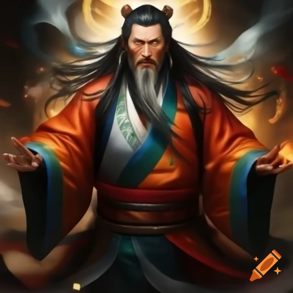Chinese magician in colorful robes performing magic with radiant energy