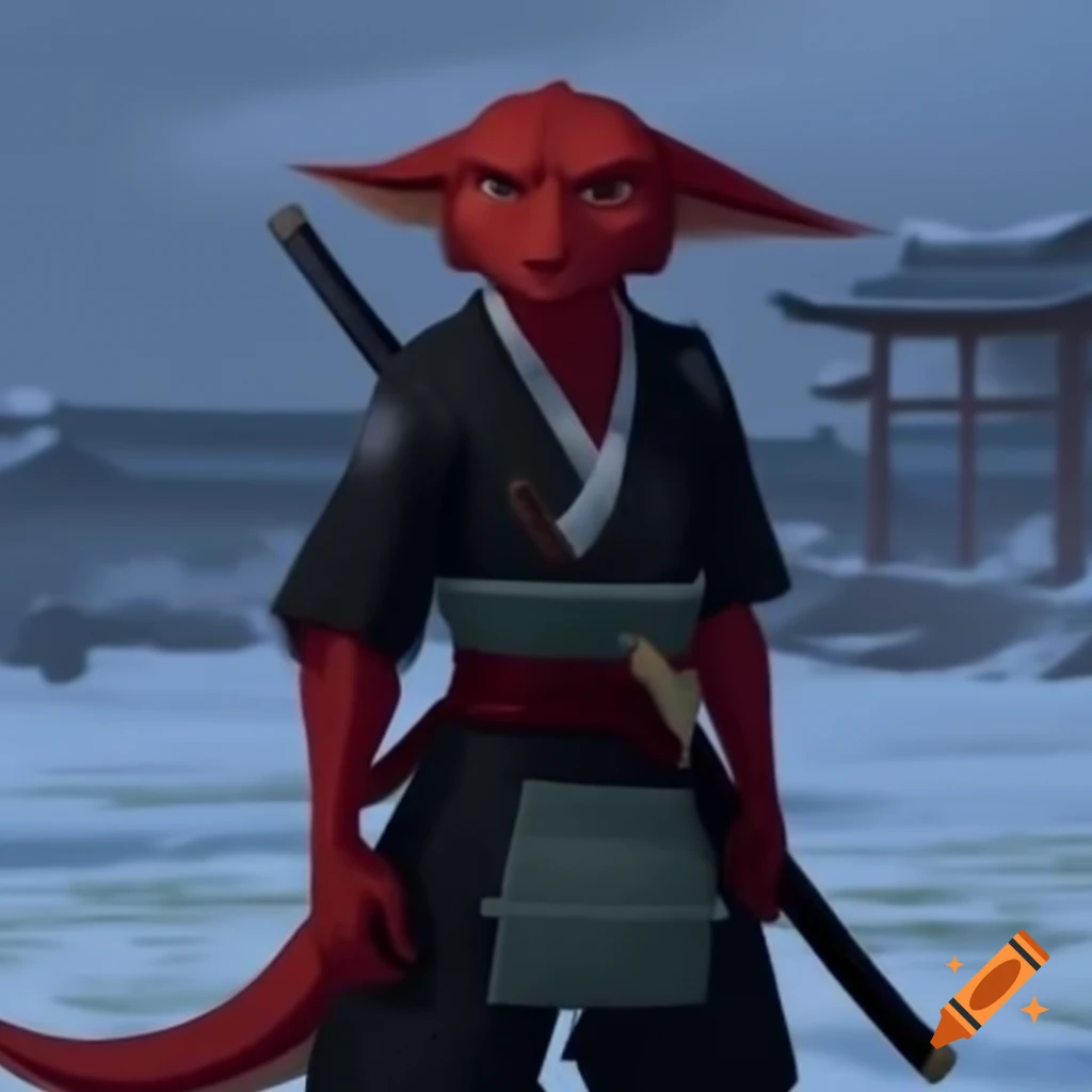 Edo period red kobold samurai in snowy field