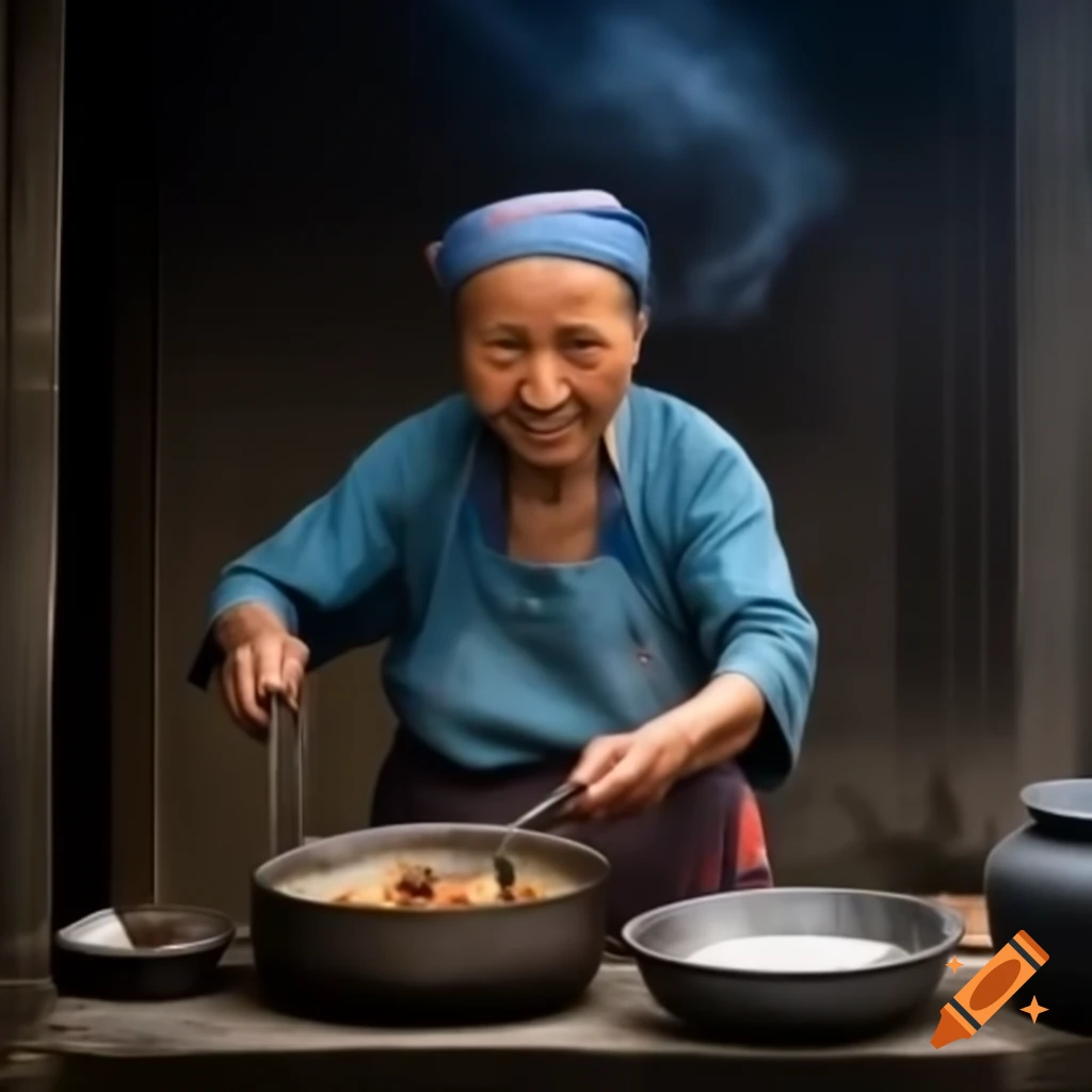 Old Chinese woman cooking with a bat in a pot