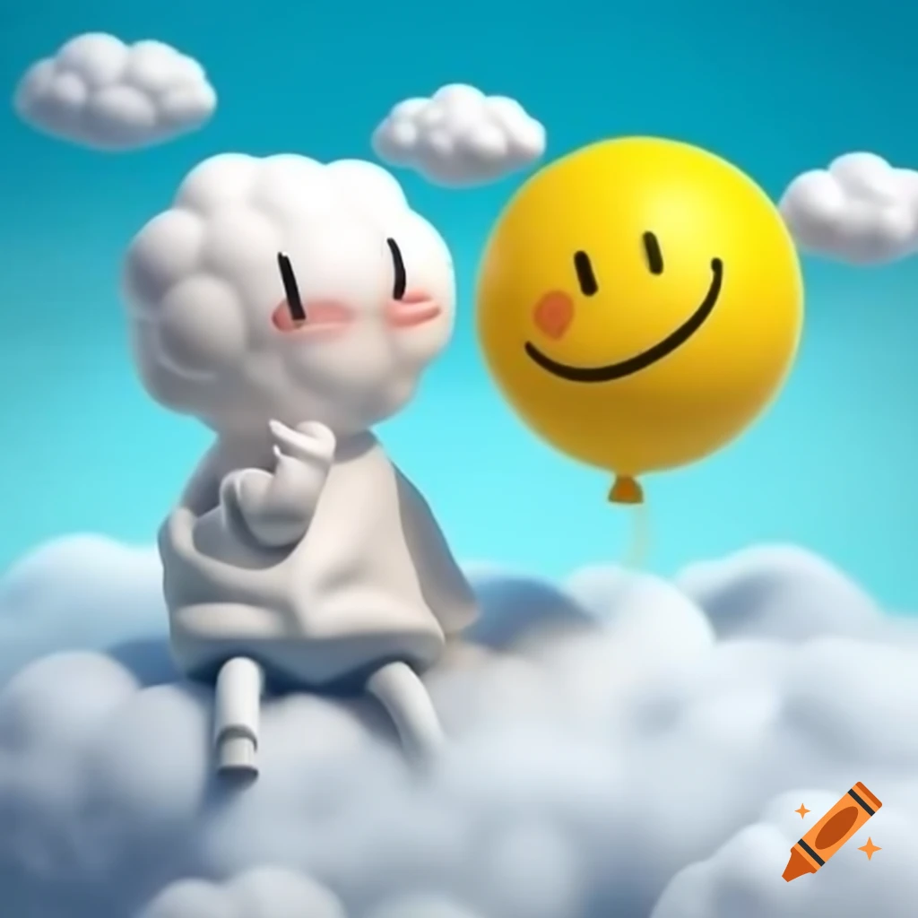 Rapper resembling Eminem in clouds holding yellow balloon with a smile