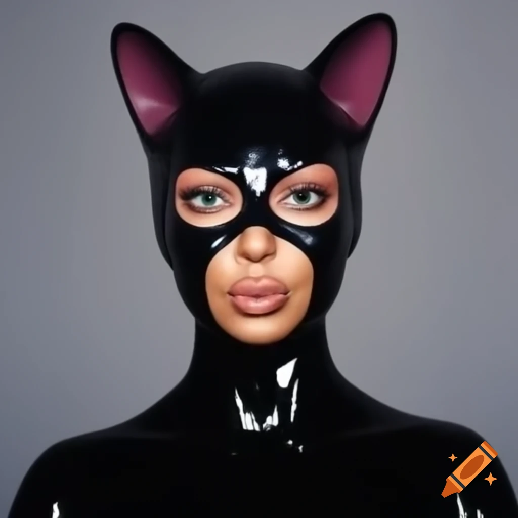 Kourtney Kardashian with surprised expression in cat head and latex costume