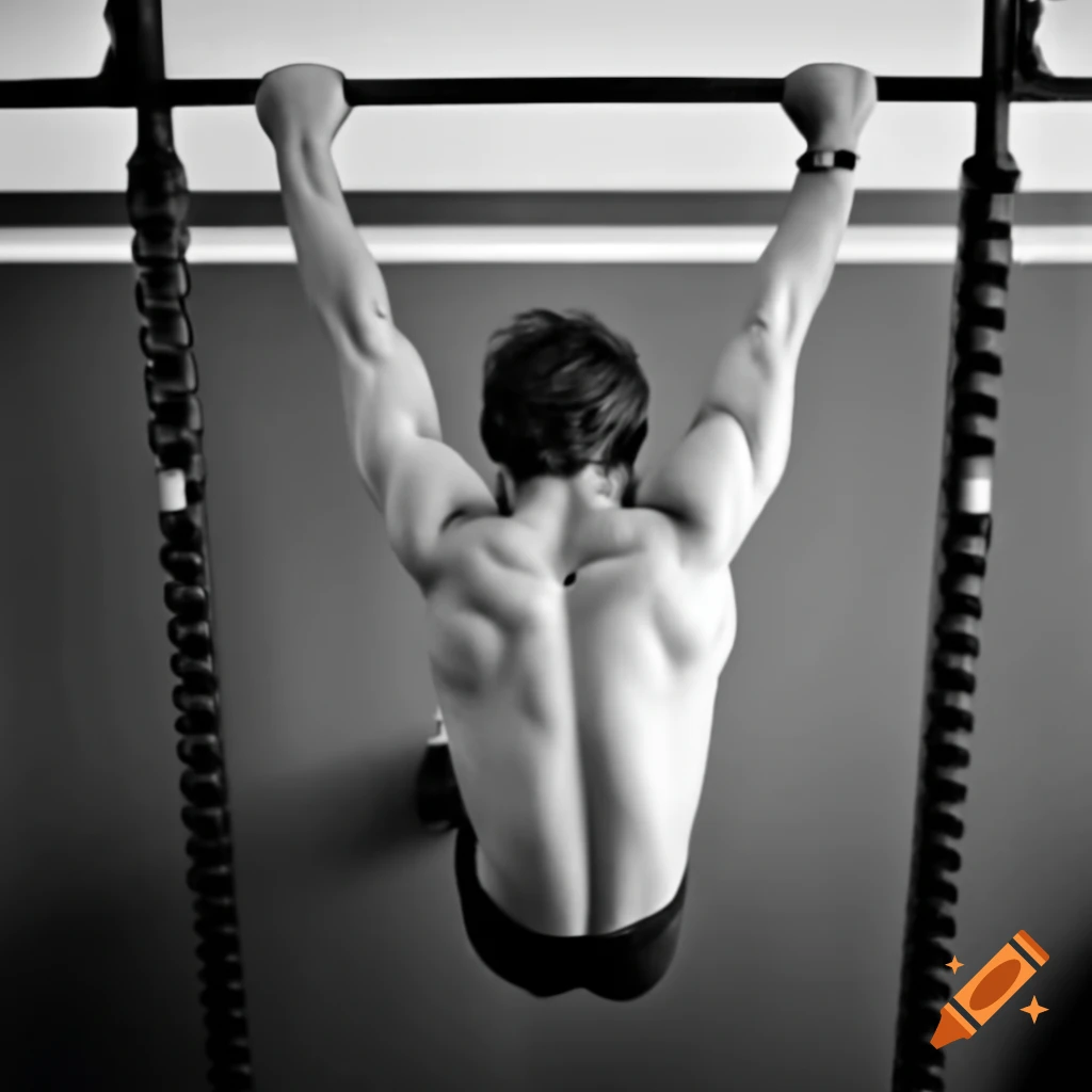 Man performing pull-ups in an 80s style photograph