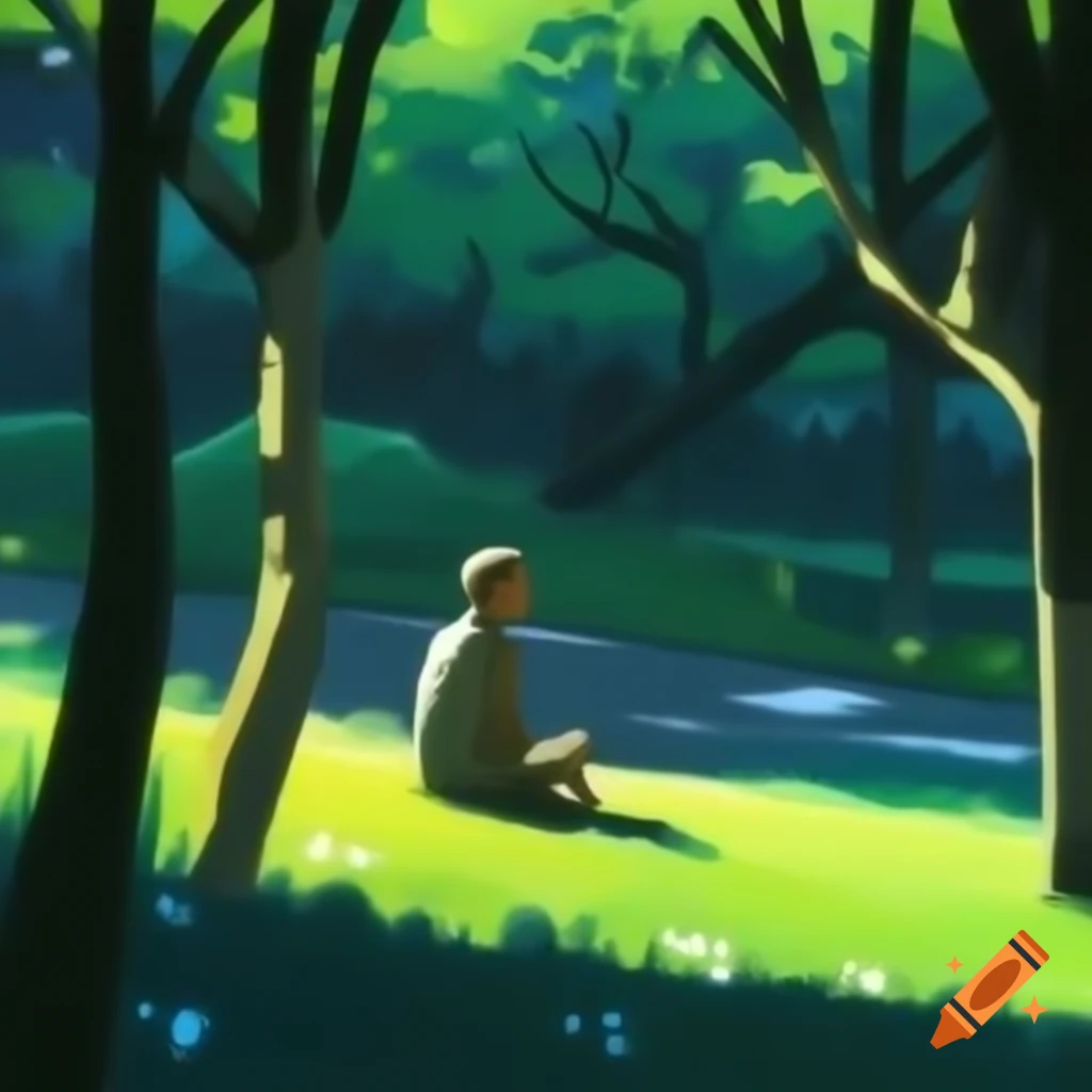 Man sitting on bench in park, poster art style
